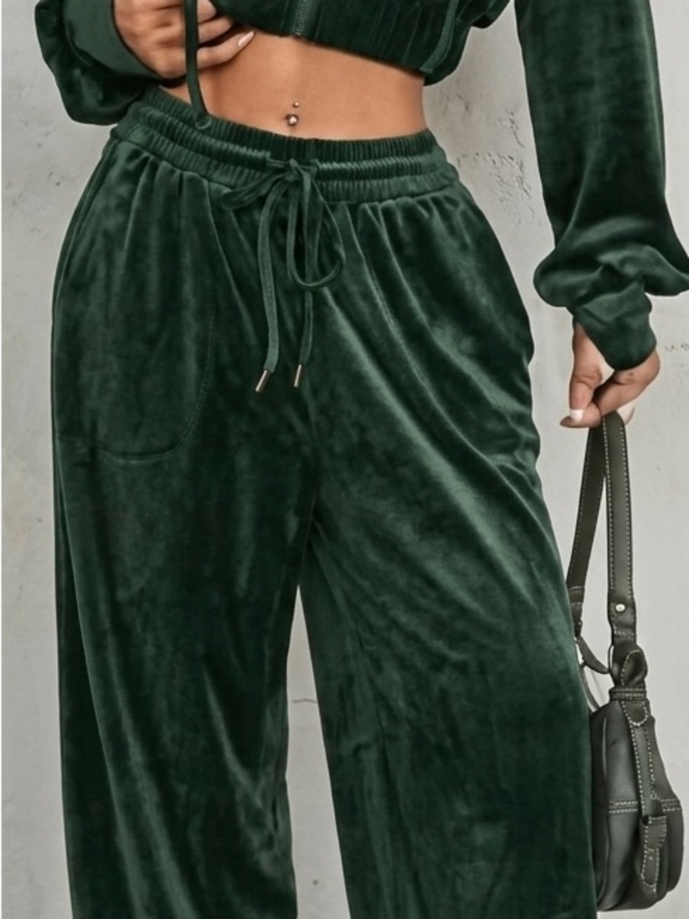 Velvet Wide-Leg Lounge wear pair, jacket and pants in Dark olive Green